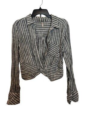 Black & White Striped Button-Up Crop Top With Twist Front Long Sleeves & Collar